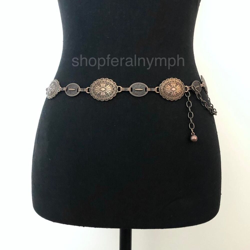 Y2K Boho Antique Bronze Medallion Chain Belt, Fits 22–37.5 Inches, X7GA1174